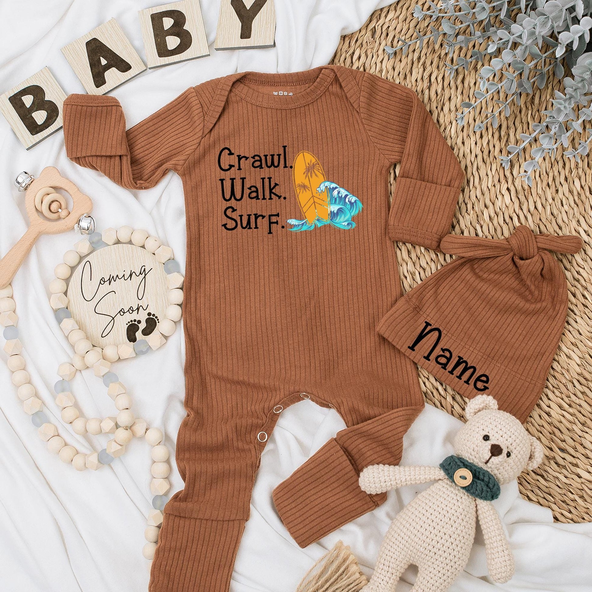 Surf Baby Bodysuit & Hat Set: Crawl Walk Surf Summer Fun! Adorable Surfing Newborn Outfit, Perfect Baby Shower Gift, New Baby Coming Home Clothes (138 chars)
