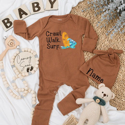 Surf Baby Bodysuit & Hat Set: Crawl Walk Surf Summer Fun! Adorable Surfing Newborn Outfit, Perfect Baby Shower Gift, New Baby Coming Home Clothes (138 chars)