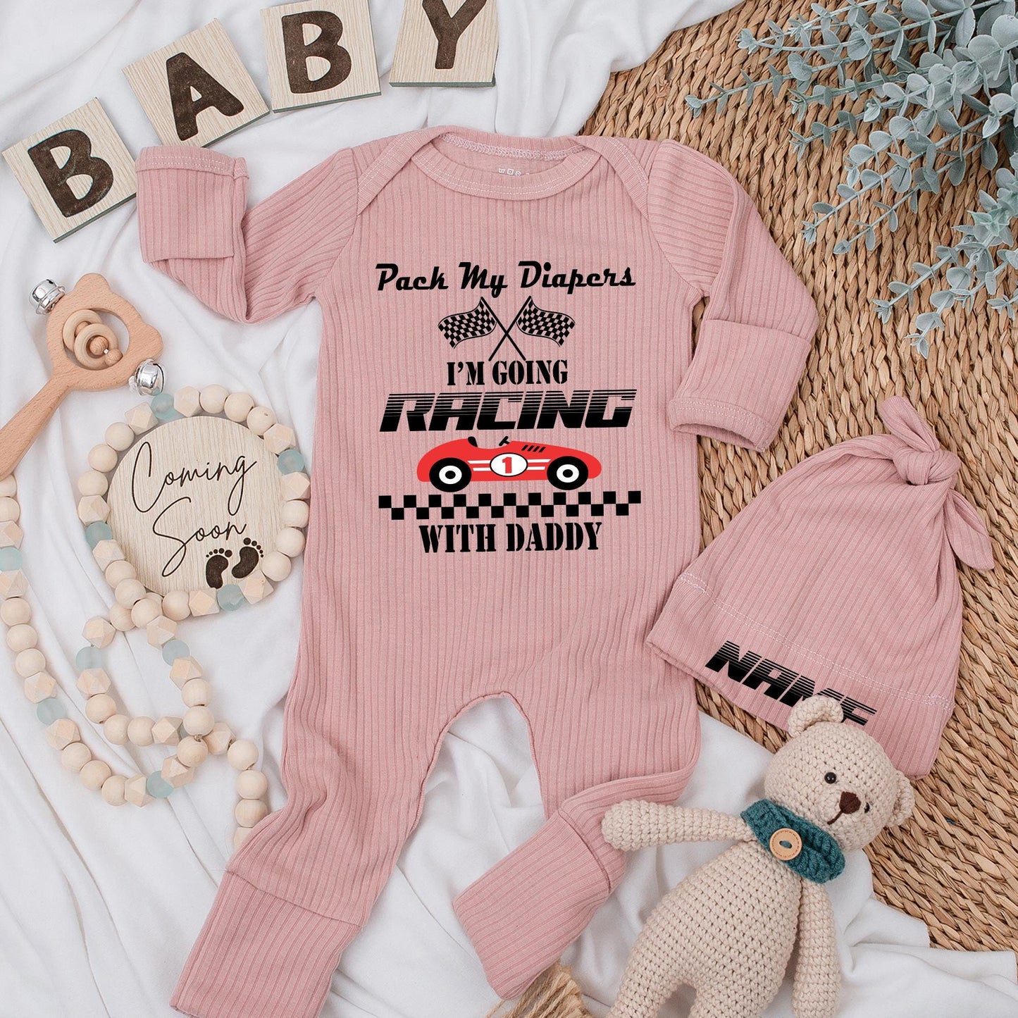 Pack My Diapers I'm Going Racing With Daddy Baby Bodysuit Newborn Racing Flags Car Outfit First Father's Day Gift