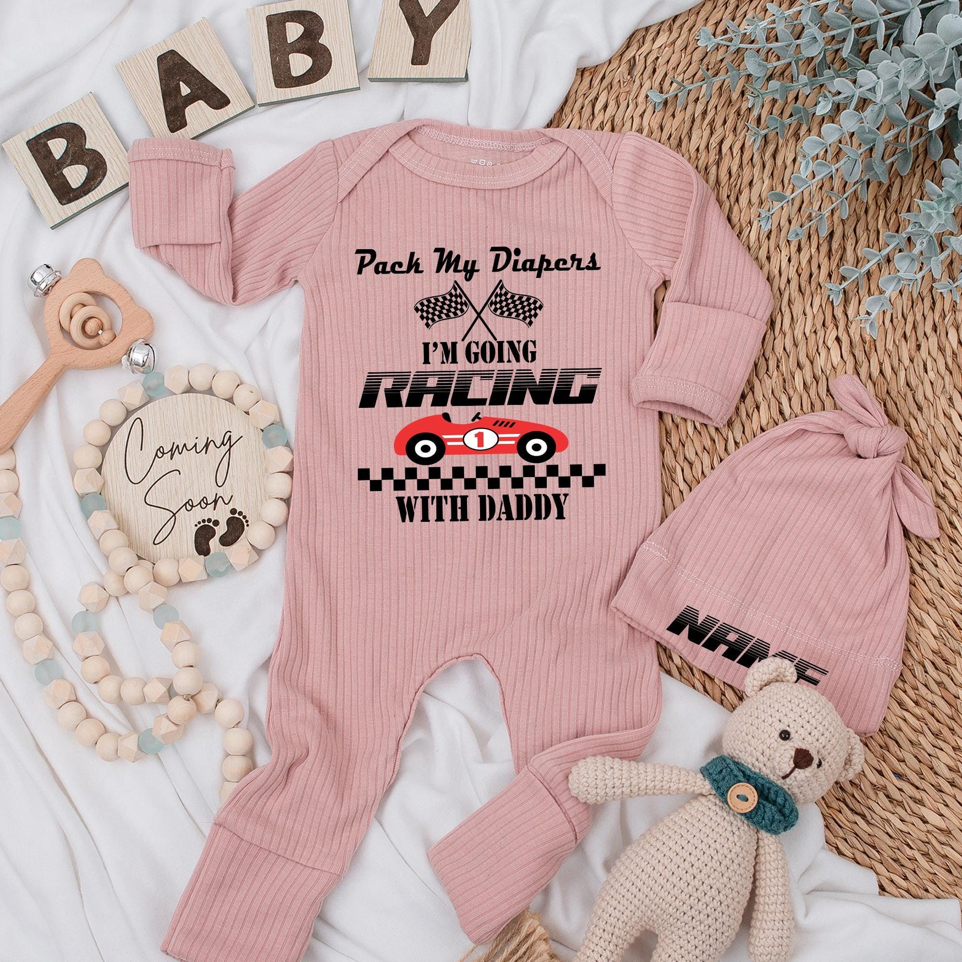 Pack My Diapers I'm Going Racing With Daddy Baby Bodysuit Newborn Racing Flags Car Outfit First Father's Day Gift