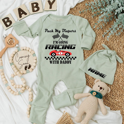Pack My Diapers I'm Going Racing With Daddy Baby Bodysuit Newborn Racing Flags Car Outfit First Father's Day Gift