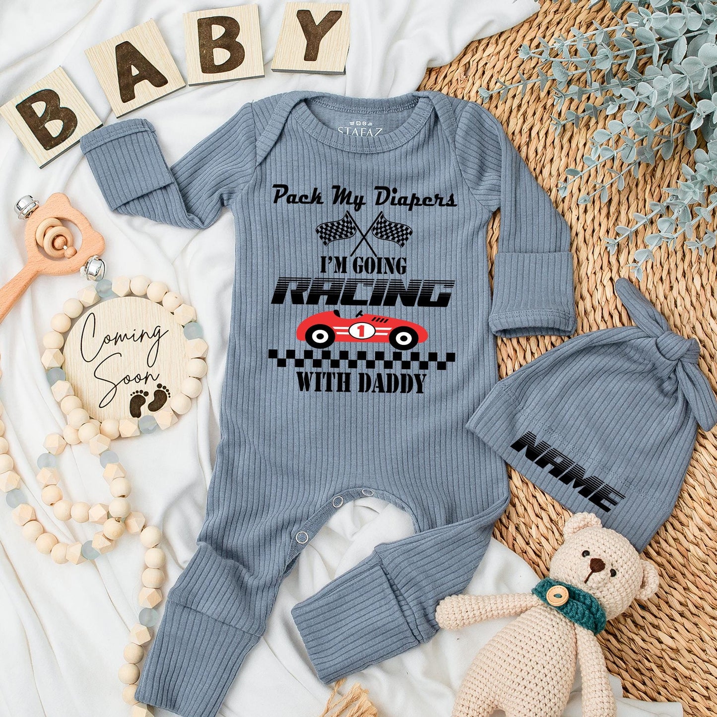 Pack My Diapers I'm Going Racing With Daddy Baby Bodysuit Newborn Racing Flags Car Outfit First Father's Day Gift