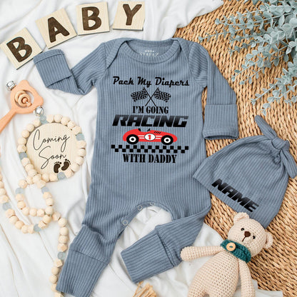 Pack My Diapers I'm Going Racing With Daddy Baby Bodysuit Newborn Racing Flags Car Outfit First Father's Day Gift