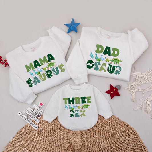 Three Rex Matching Family Birthday Sweatshirt Dinosaur Theme 3rd Birthday Mama Daddy Saurus Dada Outfit