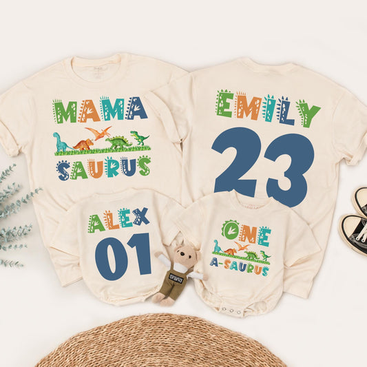 Matching Family Dinosaur Birthday Shirts Mama Saurus Dada Saurus Tees for Kids 1st 2nd 3rd Birthday Parties vibrant cartoon Dino designs