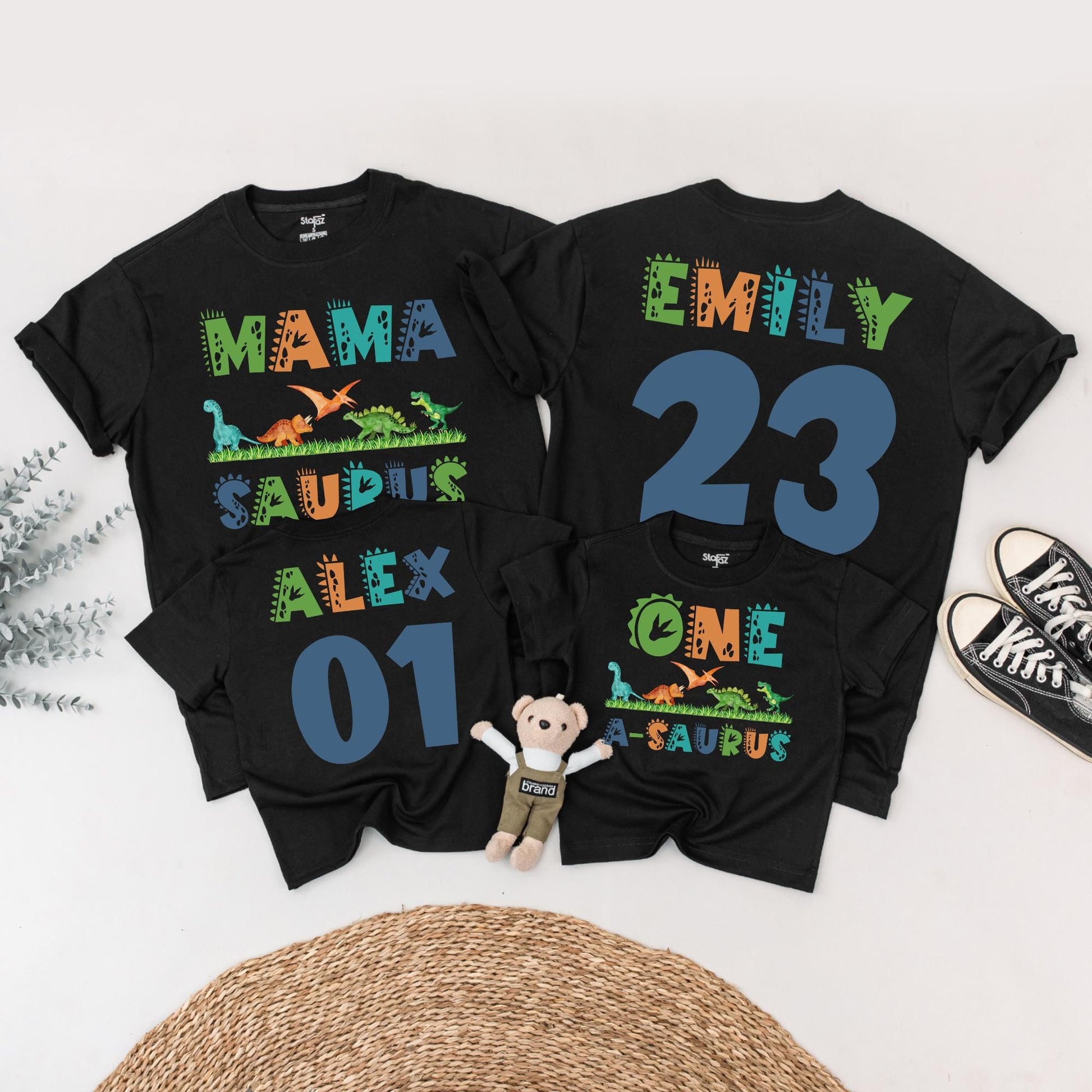 Matching Family Dinosaur Birthday Shirts Mama Saurus Dada Saurus Tees for Kids 1st 2nd 3rd Birthday Parties vibrant cartoon Dino designs