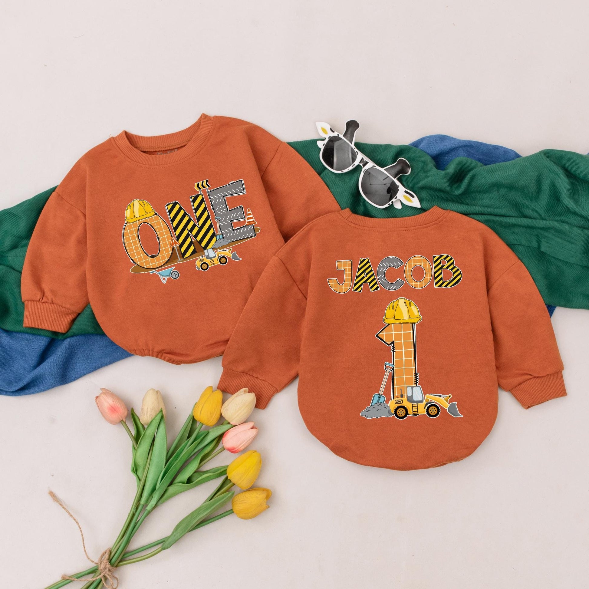 First Birthday Construction Romper for Baby Boy, Custom Name Excavator Truck Design, 1st Birthday Outfit, Personalized Newborn Gift