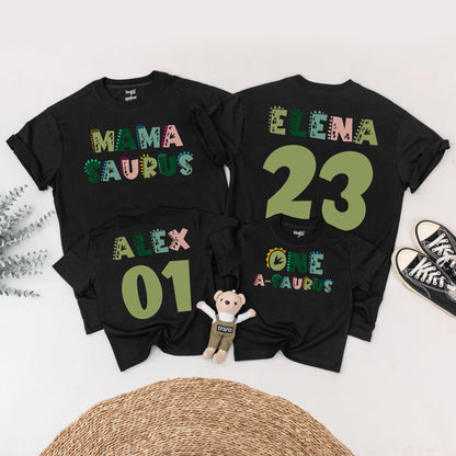 Personalized Mama Saurus Dada Saurus Matching Family Dinosaur Birthday Shirts Kids 1st Dino Tee Custom Whimsical Green Pink Design