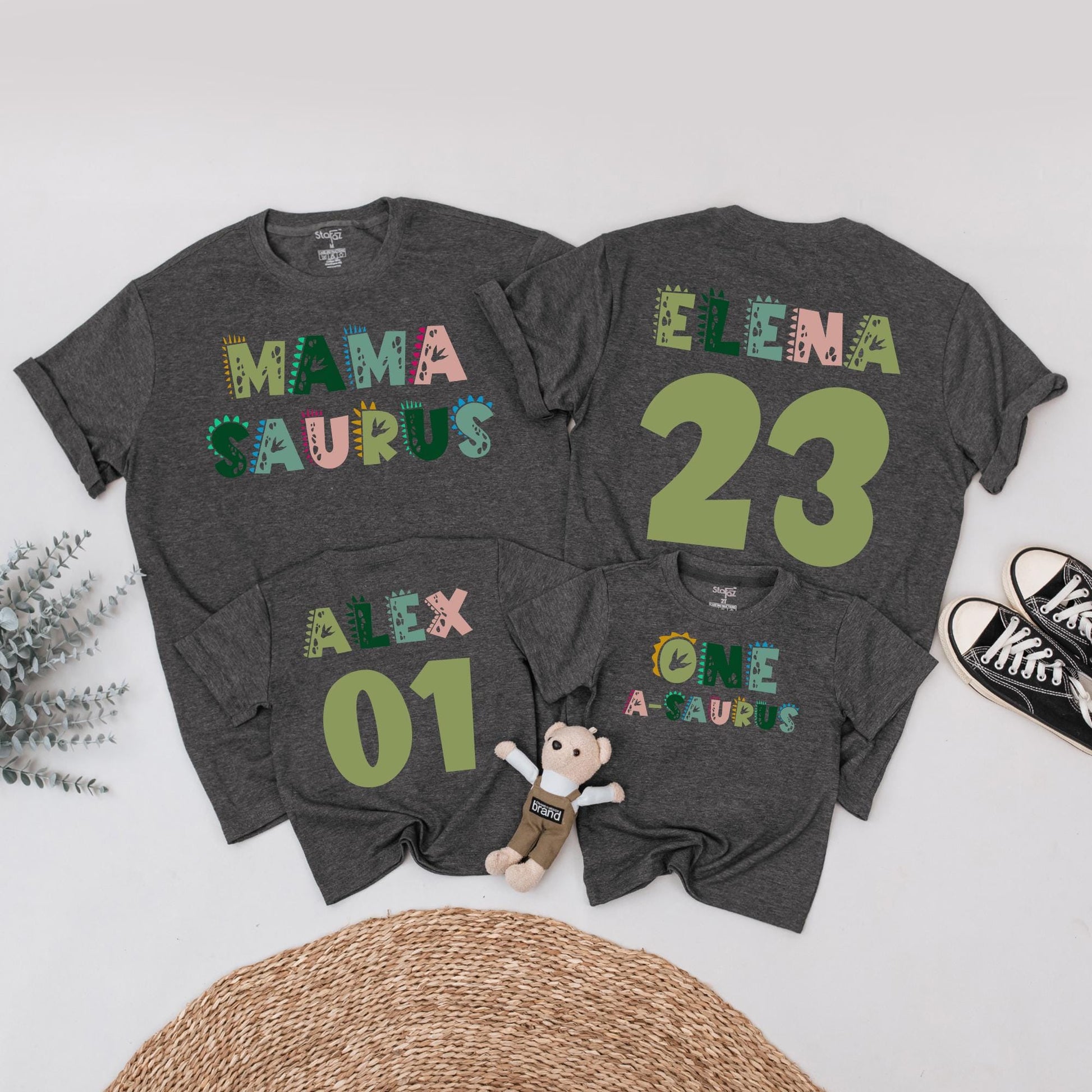 Personalized Mama Saurus Dada Saurus Matching Family Dinosaur Birthday Shirts Kids 1st Dino Tee Custom Whimsical Green Pink Design
