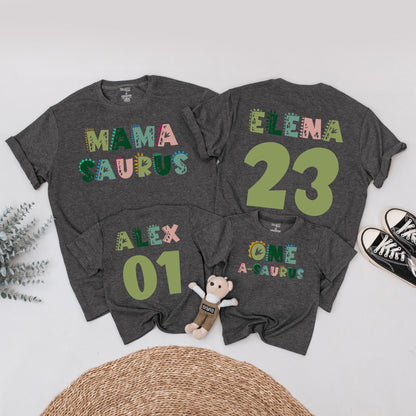 Personalized Mama Saurus Dada Saurus Matching Family Dinosaur Birthday Shirts Kids 1st Dino Tee Custom Whimsical Green Pink Design