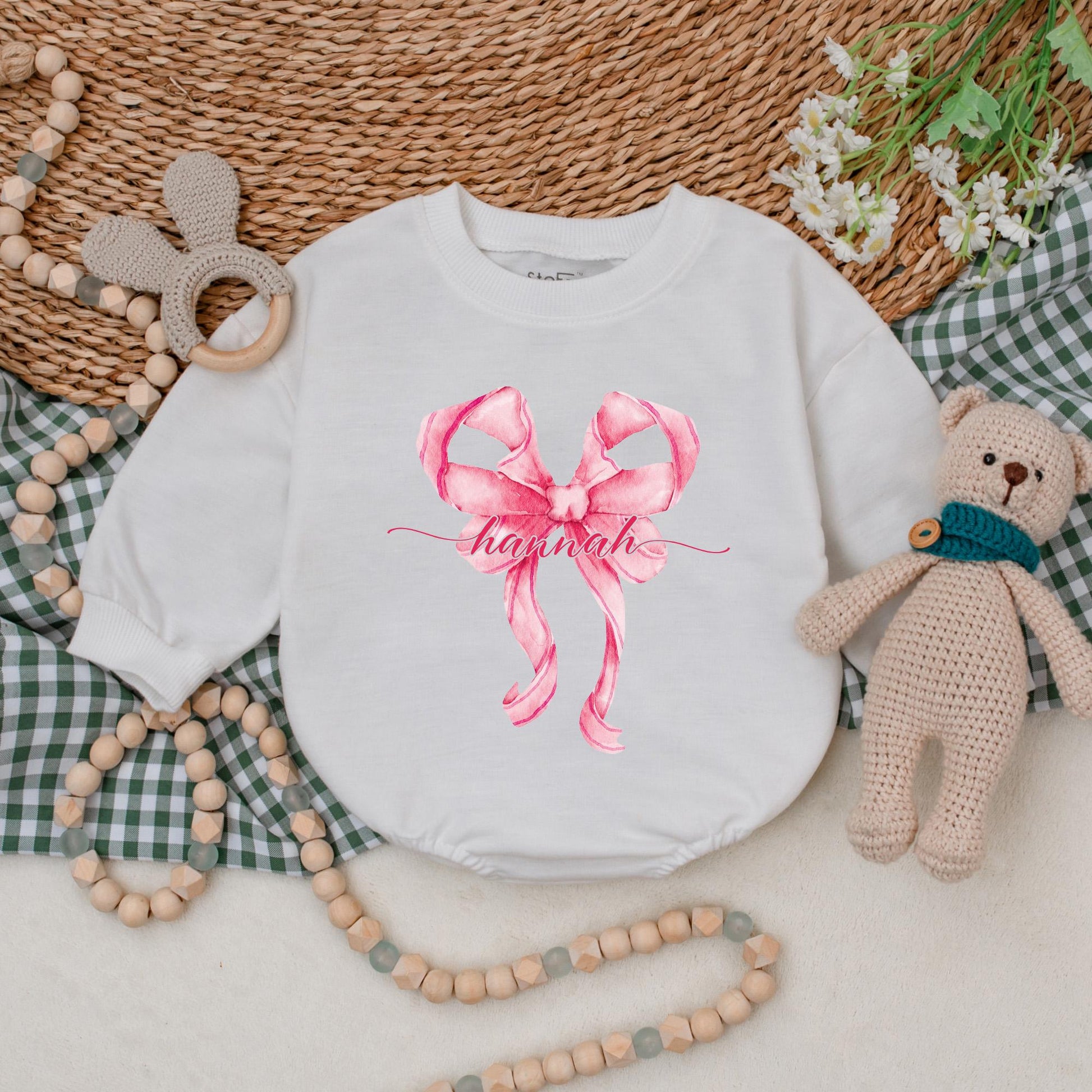 Personalized Pink Bow Baby Girl Romper Birthday Outfit Cute Pink Bodysuit Custom Name First Birthday Gift Soft Cotton Bubble Design