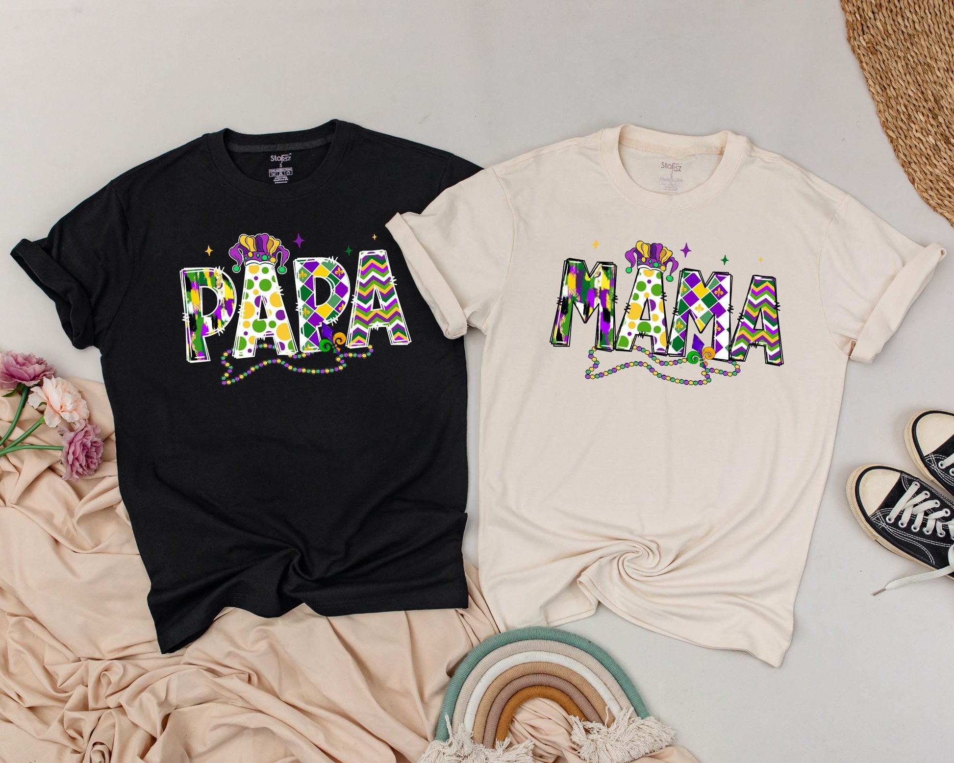 Personalized Mardi Gras Couple Matching Shirts with Festive Purple Green Yellow Jester Hat and Vibrant Patterned Letters Carnival Holiday Celebration
