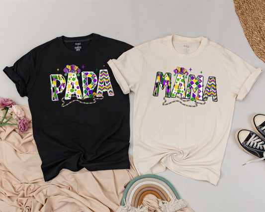 Personalized Mardi Gras Couple Matching Shirts with Festive Purple Green Yellow Jester Hat and Vibrant Patterned Letters Carnival Holiday Celebration