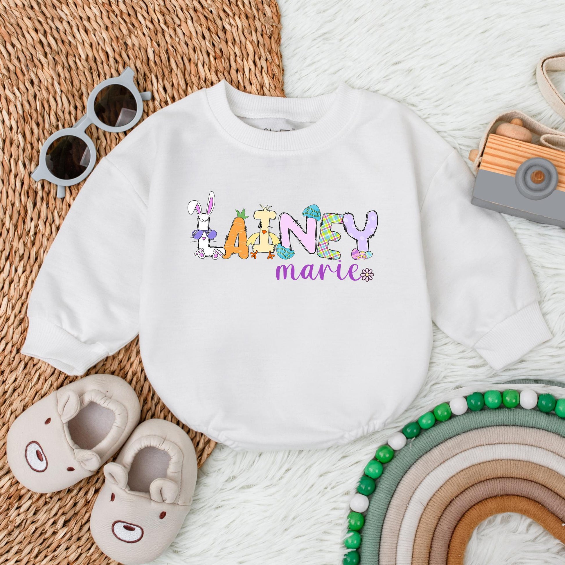 Personalized Bunny Bubble Romper for Baby Girl First Easter Outfit Newborn Infant Bodysuit