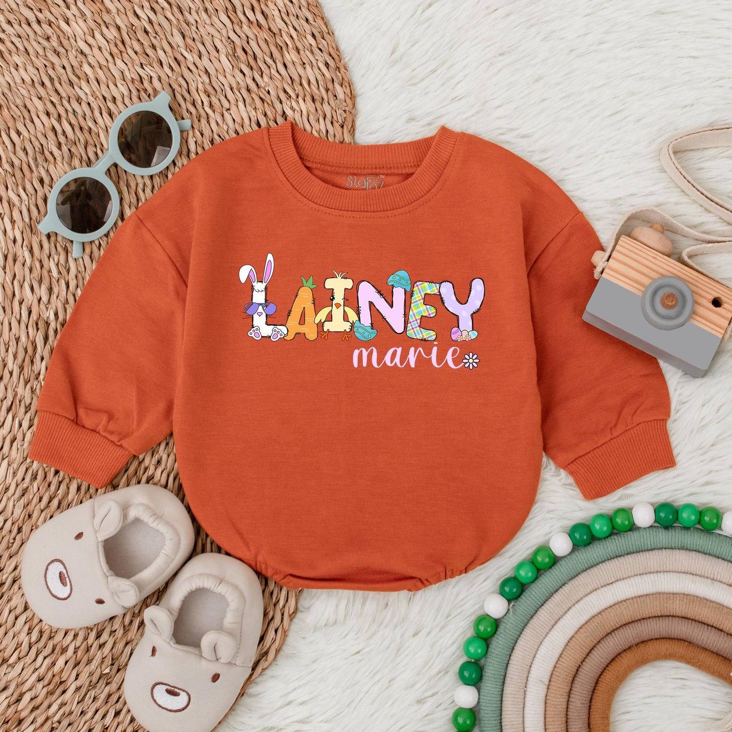 Personalized Bunny Bubble Romper for Baby Girl First Easter Outfit Newborn Infant Bodysuit