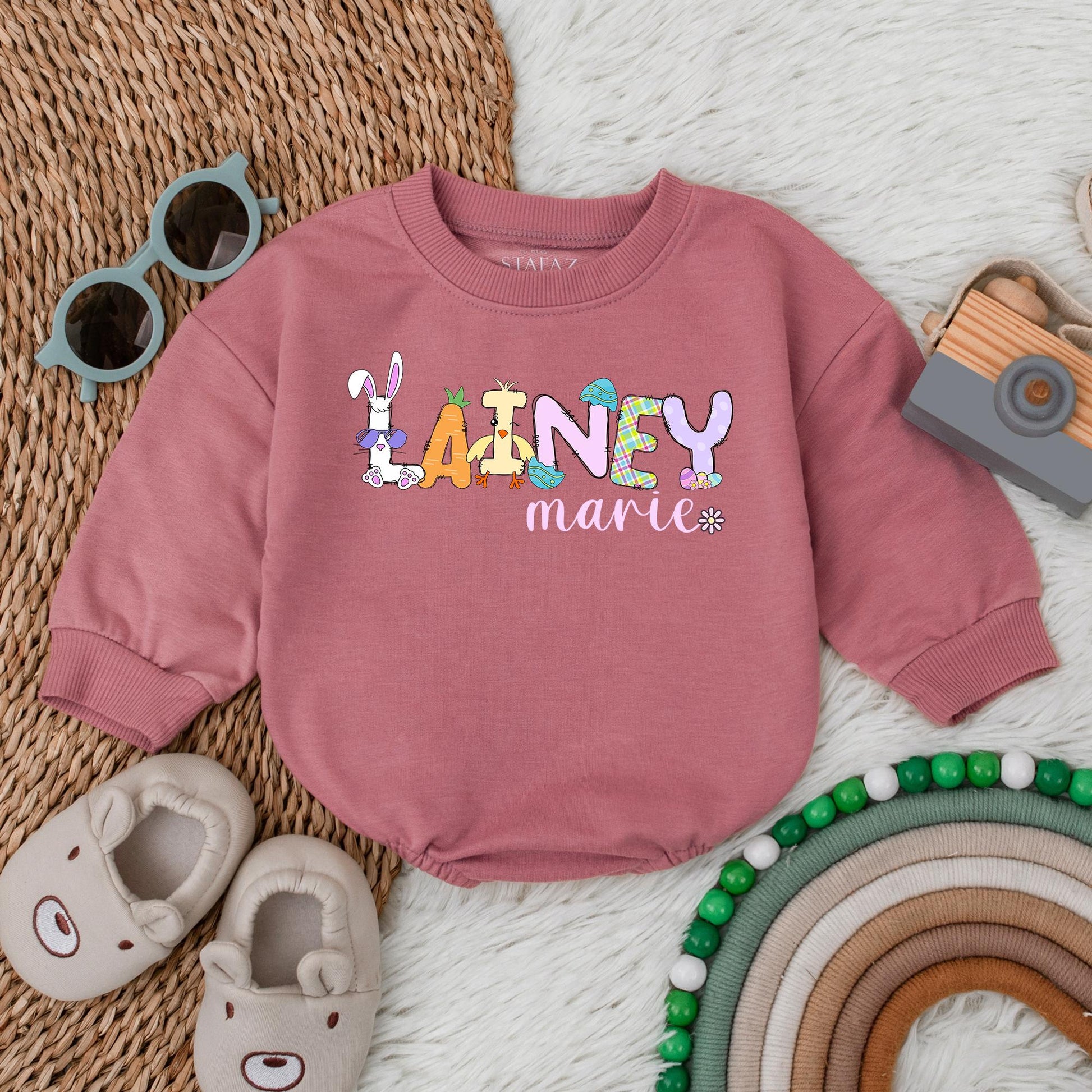 Personalized Bunny Bubble Romper for Baby Girl First Easter Outfit Newborn Infant Bodysuit