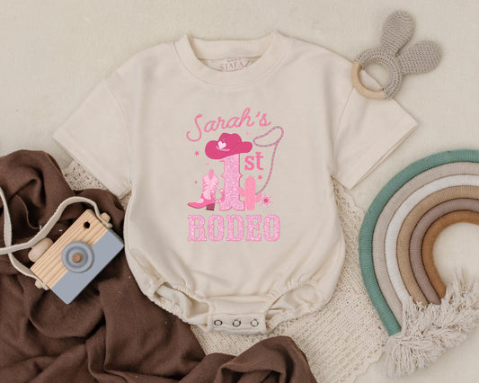 Personalized My First Rodeo Cowgirl Romper Baby Girl Outfit, Western Birthday Bodysuit, Retro Name Bubble Romper 1st Birthday Gift