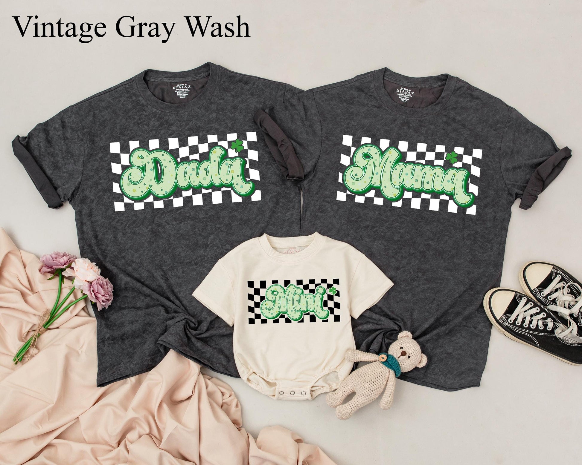 Lucky Checkered Family Matching Shirts Daddy Mama Mini St Patricks Day Birthday Cute Shamrock Green Yellow Design Custom Name Gift