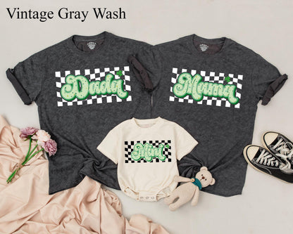 Lucky Checkered Family Matching Shirts Daddy Mama Mini St Patricks Day Birthday Cute Shamrock Green Yellow Design Custom Name Gift