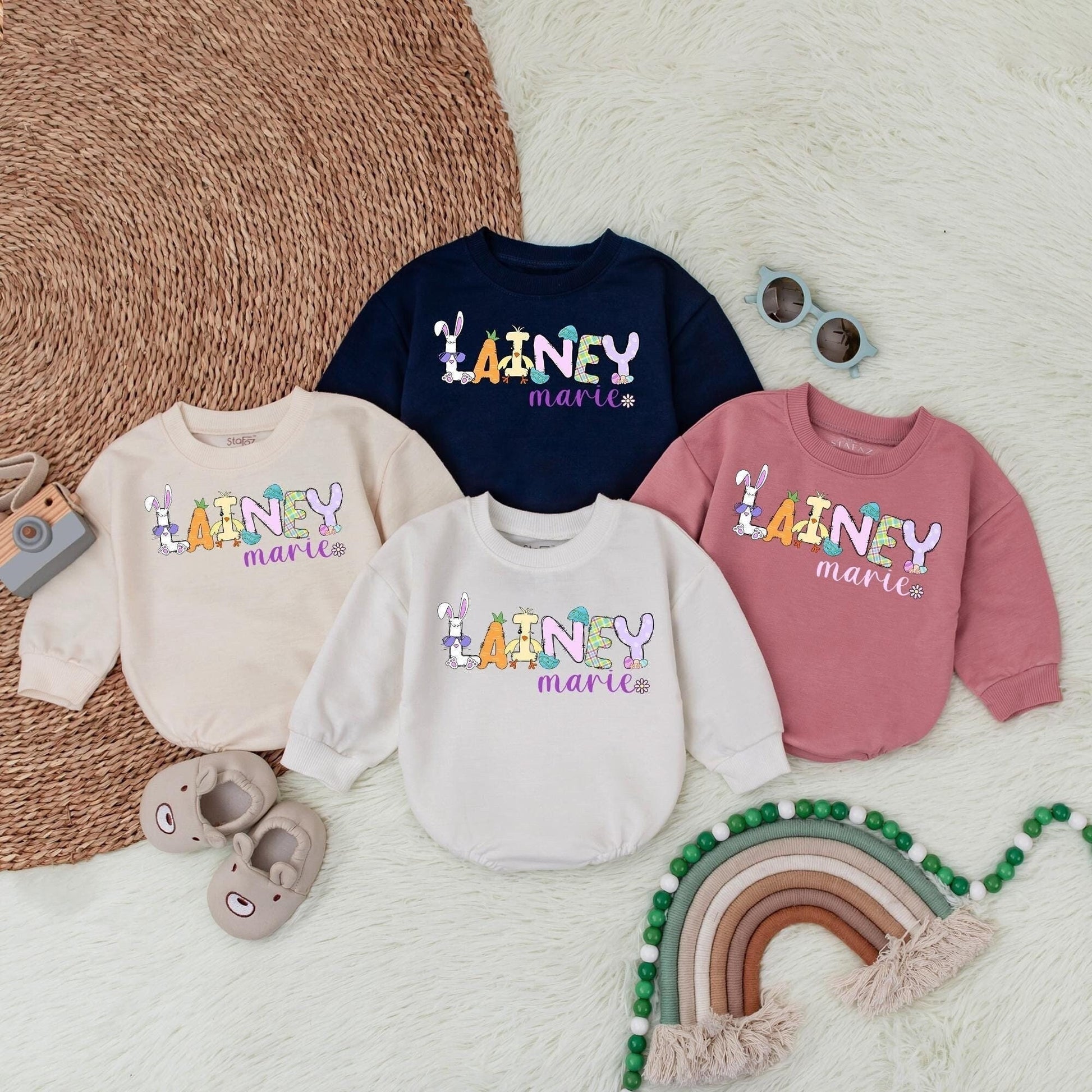 Personalized Bunny Bubble Romper for Baby Girl First Easter Outfit Newborn Infant Bodysuit