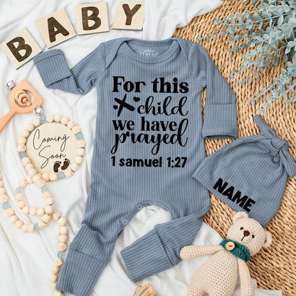 For This Child We Have Prayed Custom Name Baby Bodysuit Hat Newborn Outfit Gift Infant Pregnancy Reveal 1 Samuel 1:27 Black Print Heart Design