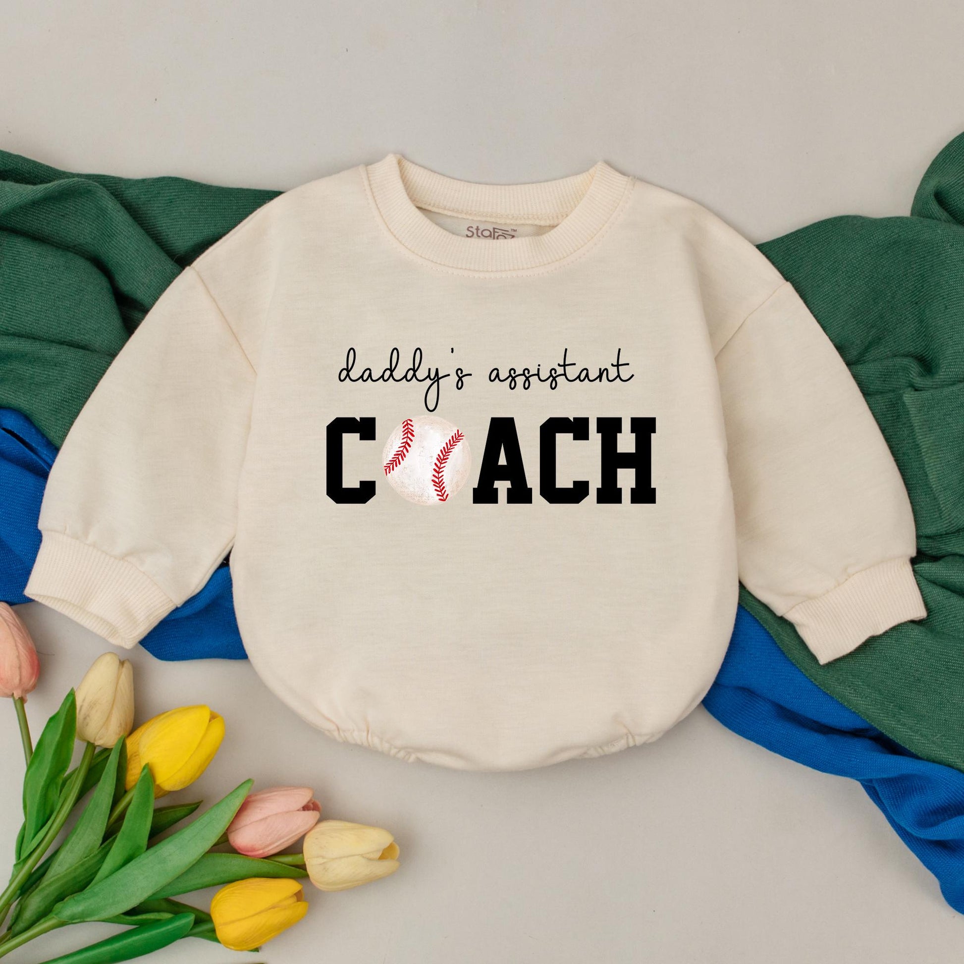Baby Girl Daddy's Assistant Coach Romper with Retro Baseball Graphic Perfect for Game Day Season Fun Playful Bubble Romper Kid Gift