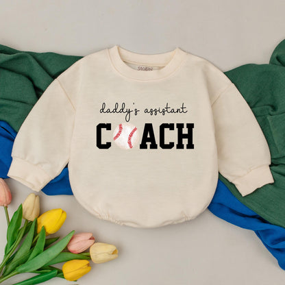Baby Girl Daddy's Assistant Coach Romper with Retro Baseball Graphic Perfect for Game Day Season Fun Playful Bubble Romper Kid Gift