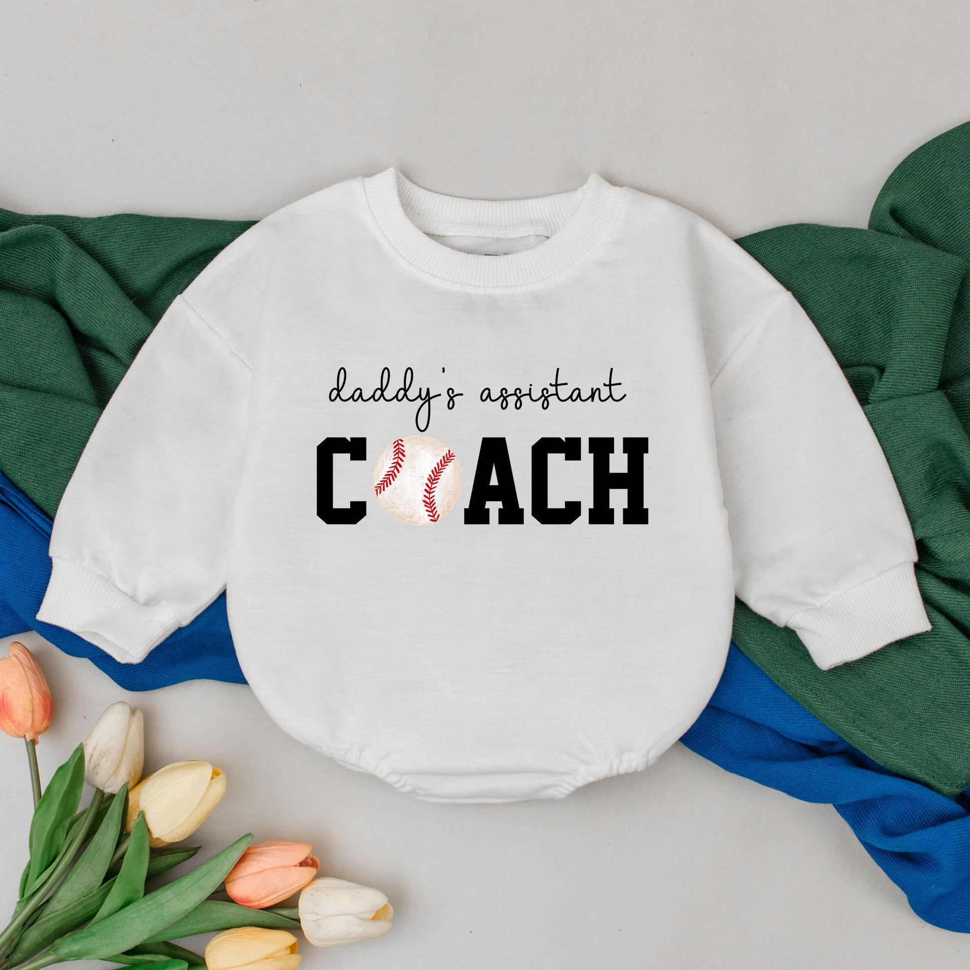Baby Girl Daddy's Assistant Coach Romper with Retro Baseball Graphic Perfect for Game Day Season Fun Playful Bubble Romper Kid Gift