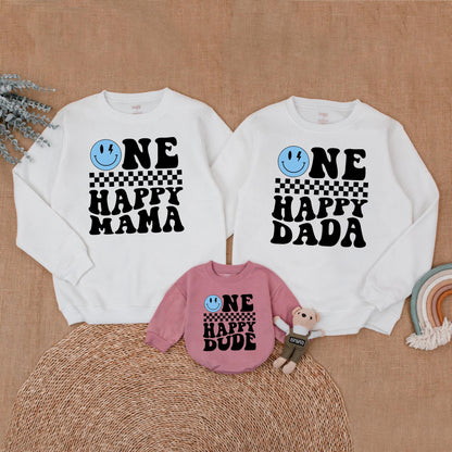 One Happy Dude Birthday Family Sweatshirt Blue Face Matching Outfit Cool Dude