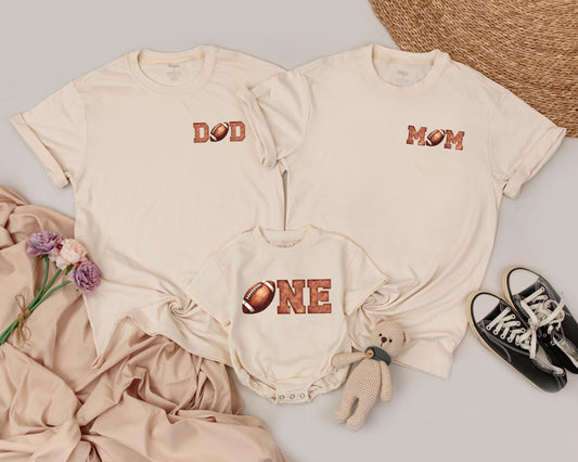 First Birthday Football Family Shirts Dad Mom One Birthday Boy Matching Outfits Brown Letters