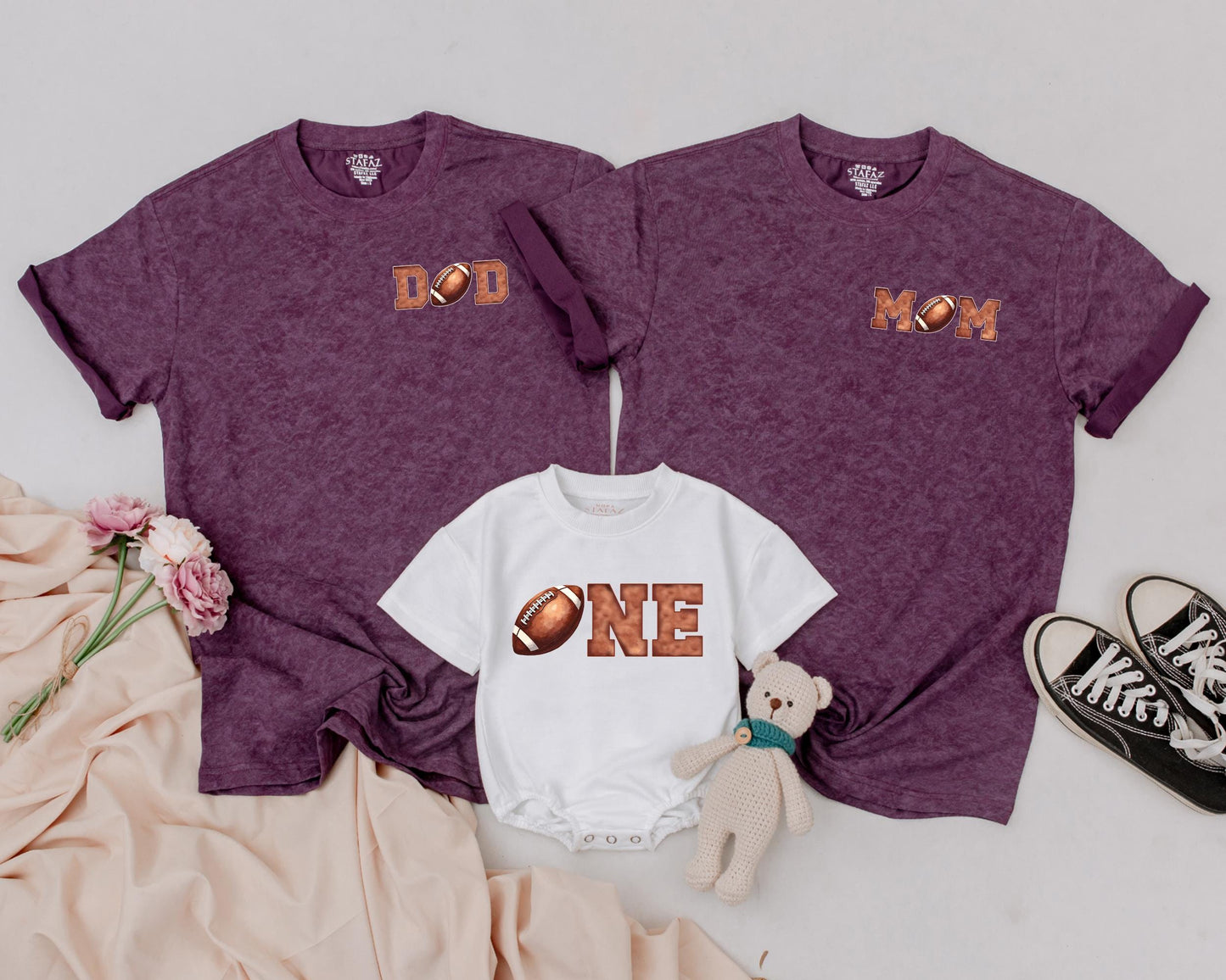 First Birthday Football Family Shirts Dad Mom One Birthday Boy Matching Outfits Brown Letters