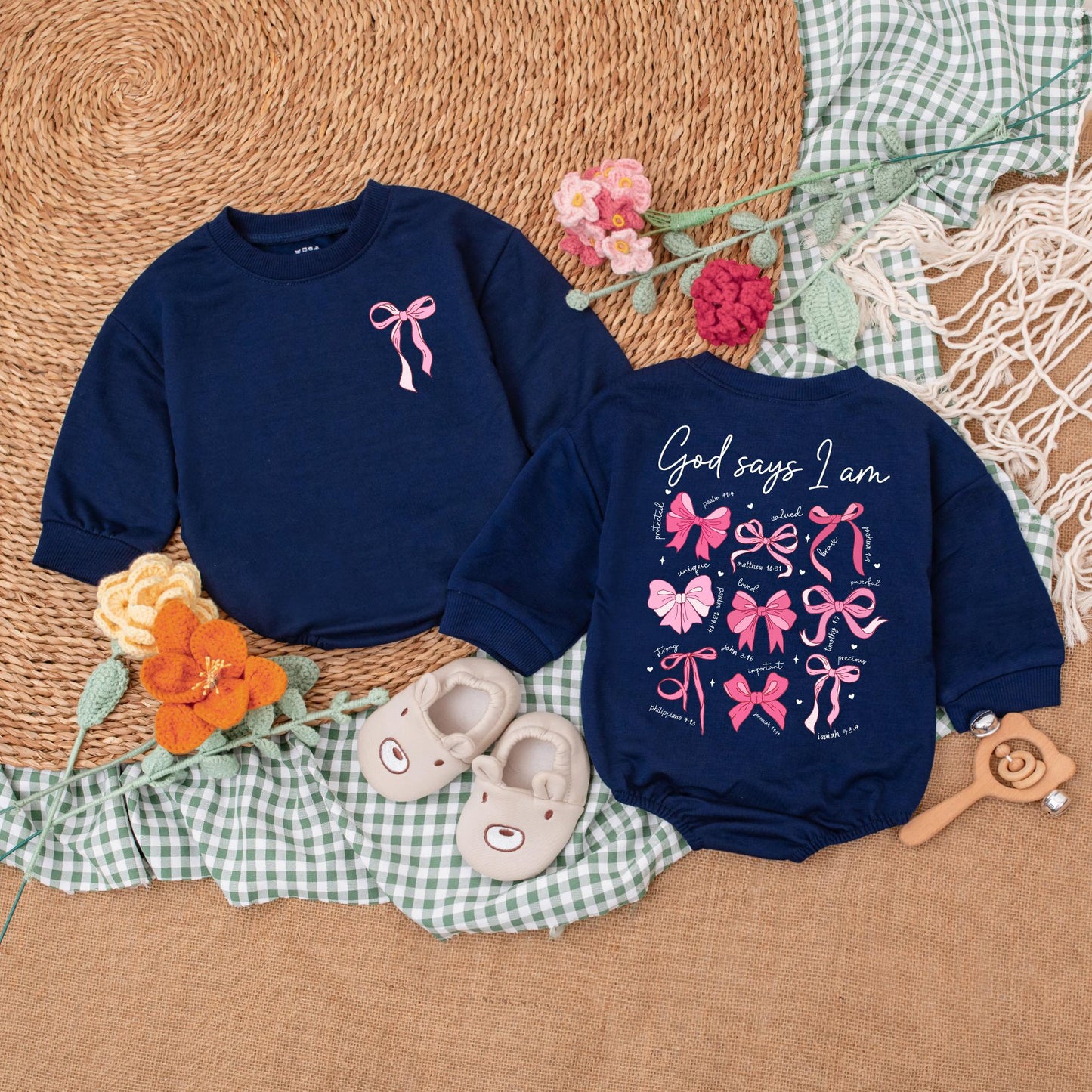 God Says I Am Pink Bow Romper Christian Baby Girl Bodysuit Outfit Soft Newborn Shower Gift Cute Religious Going Home Bubble Style