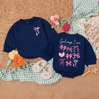 God Says I Am Pink Bow Romper Christian Baby Girl Bodysuit Outfit Soft Newborn Shower Gift Cute Religious Going Home Bubble Style