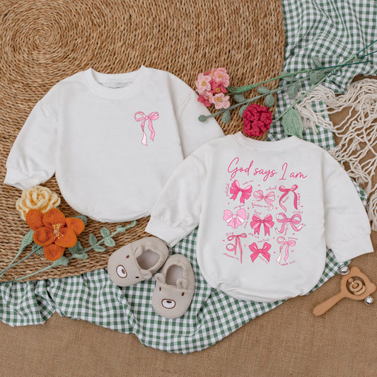 God Says I Am Pink Bow Romper Christian Baby Girl Bodysuit Outfit Soft Newborn Shower Gift Cute Religious Going Home Bubble Style