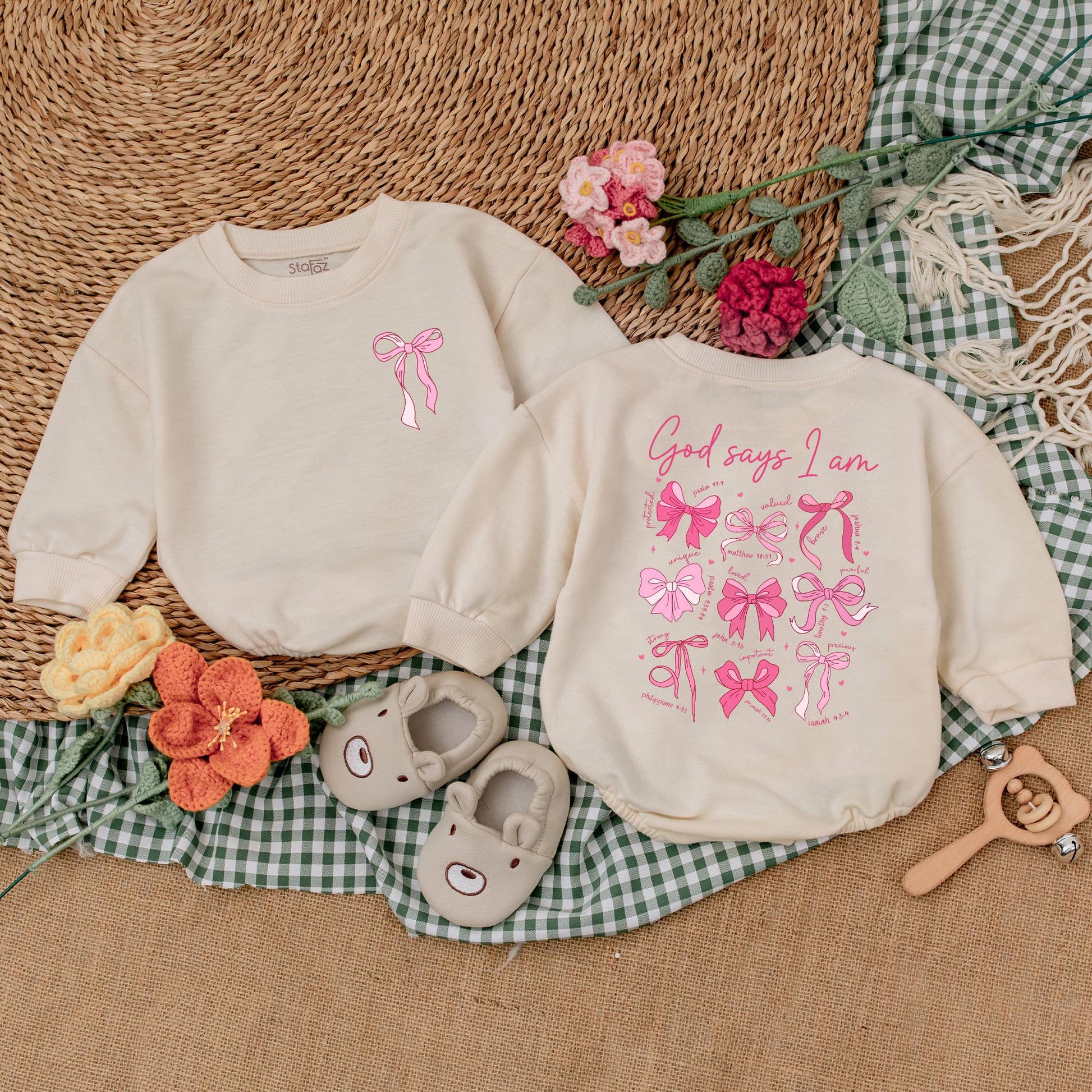 God Says I Am Pink Bow Romper Christian Baby Girl Bodysuit Outfit Soft Newborn Shower Gift Cute Religious Going Home Bubble Style