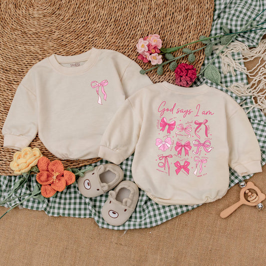 God Says I Am Pink Bow Romper Christian Baby Girl Bodysuit Outfit Soft Newborn Shower Gift Cute Religious Going Home Bubble Style