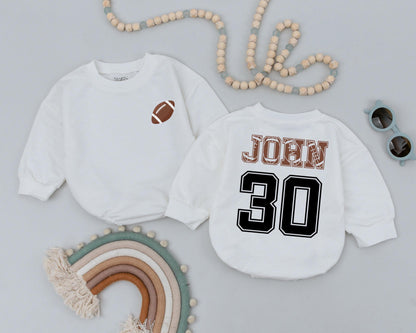Personalized Football First Down Romper Baby Bodysuit for Game Day or Sports Birthday Outfit
