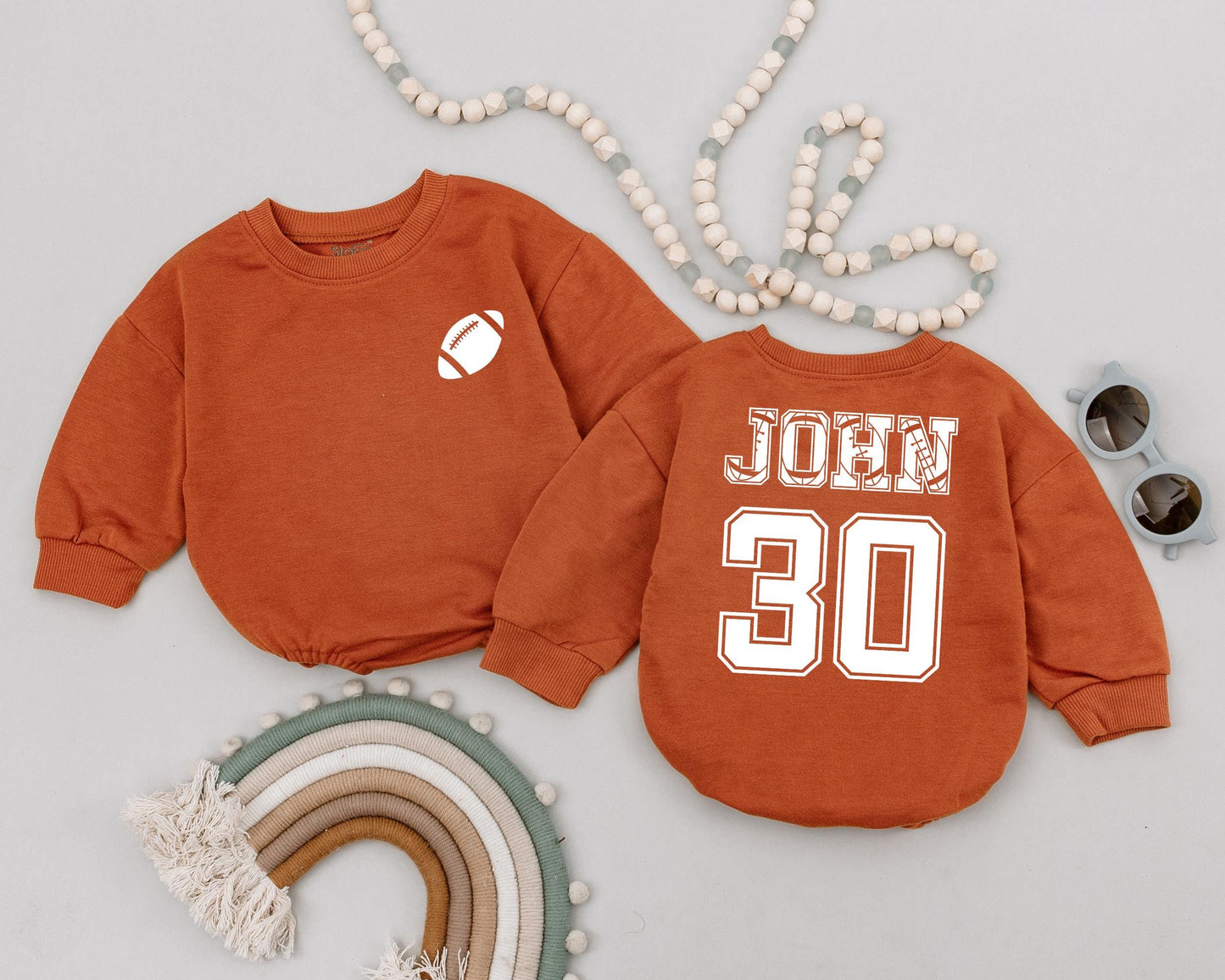 Personalized Football First Down Romper Baby Bodysuit for Game Day or Sports Birthday Outfit