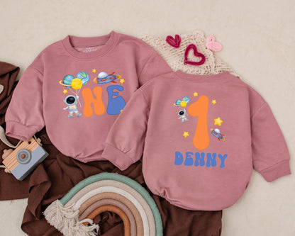 Personalized Astronaut First Birthday Romper Baby Boy Space One Trip Around The Sun Outfit Toddler