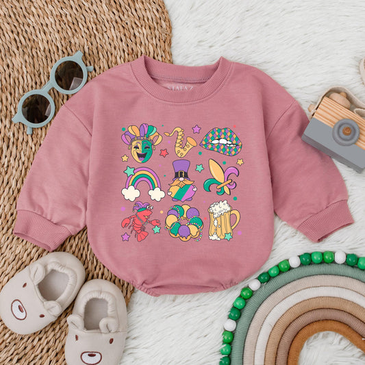 Mardi Gras Baby Bubble Romper King Cake Baby Bodysuit Festive Newborn Outfit for Baby Shower Gift