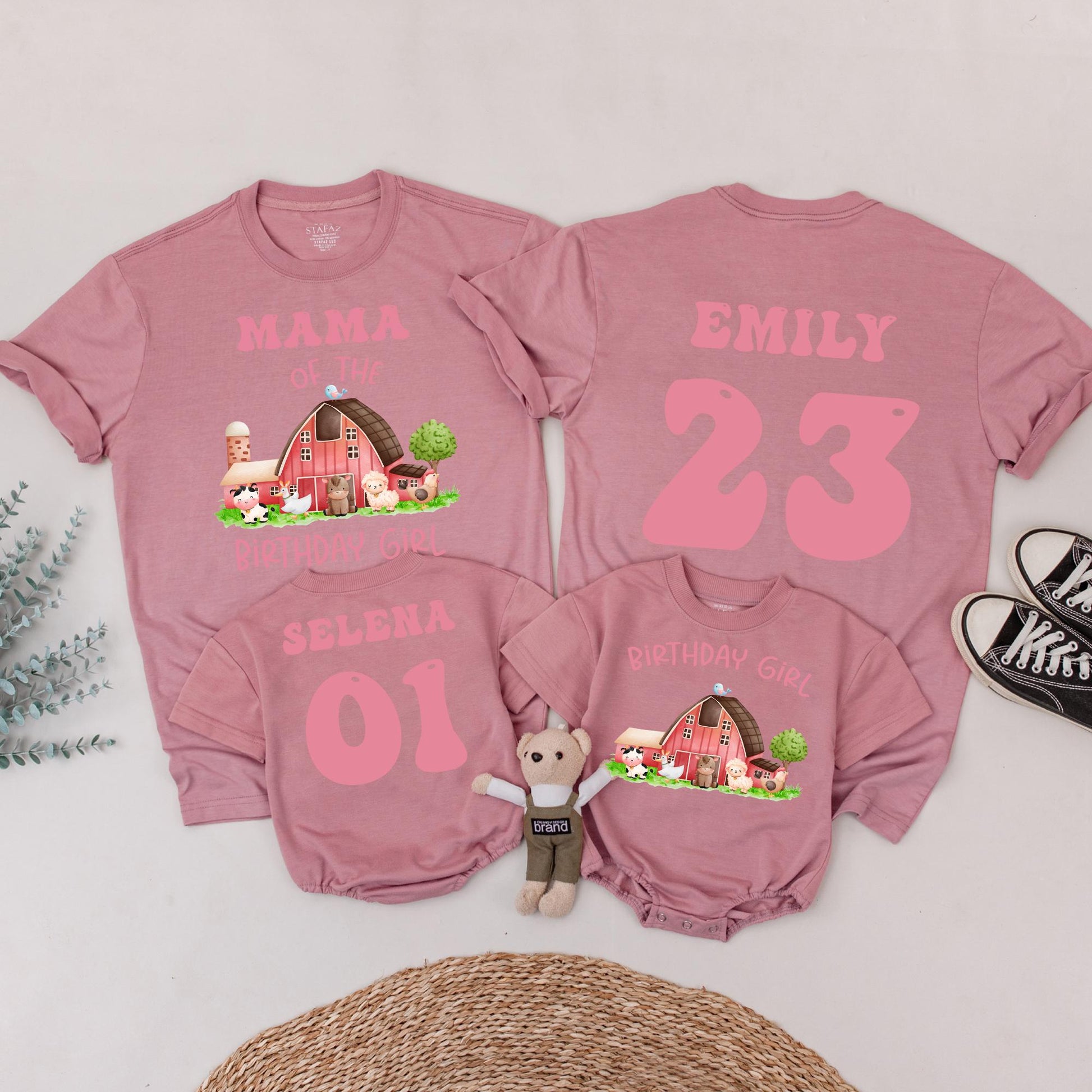 Farm Birthday Girl Family Matching Shirt: Cute Barnyard Animals Tee for Her Party, Pink Text, Personalized Age & Name, Comfortable Cotton Bday T-Shirt 