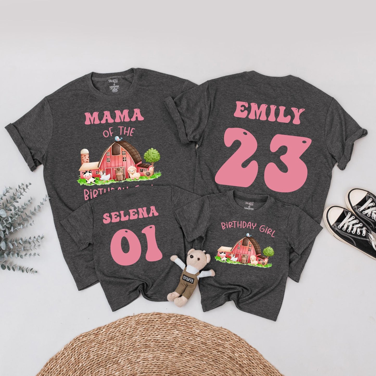 Farm Birthday Girl Family Matching Shirt: Cute Barnyard Animals Tee for Her Party, Pink Text, Personalized Age & Name, Comfortable Cotton Bday T-Shirt 