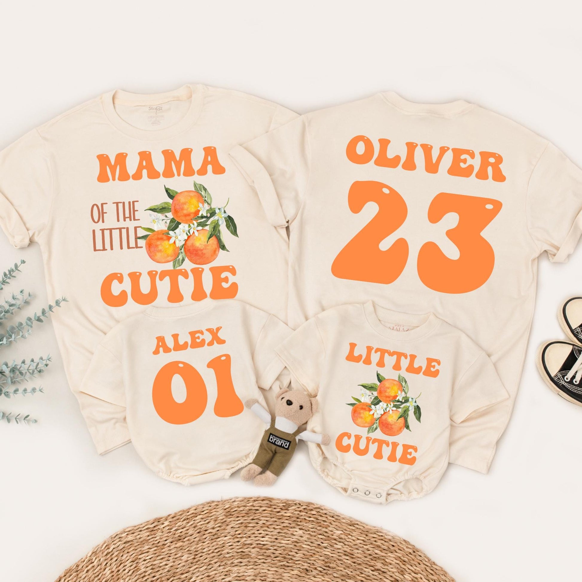 Little Cutie Orange Baby Outfit: Family Matching Shirts & Romper with Retro Floral Designs for Baby Shower & Newborn Gift - Cute & Personalized