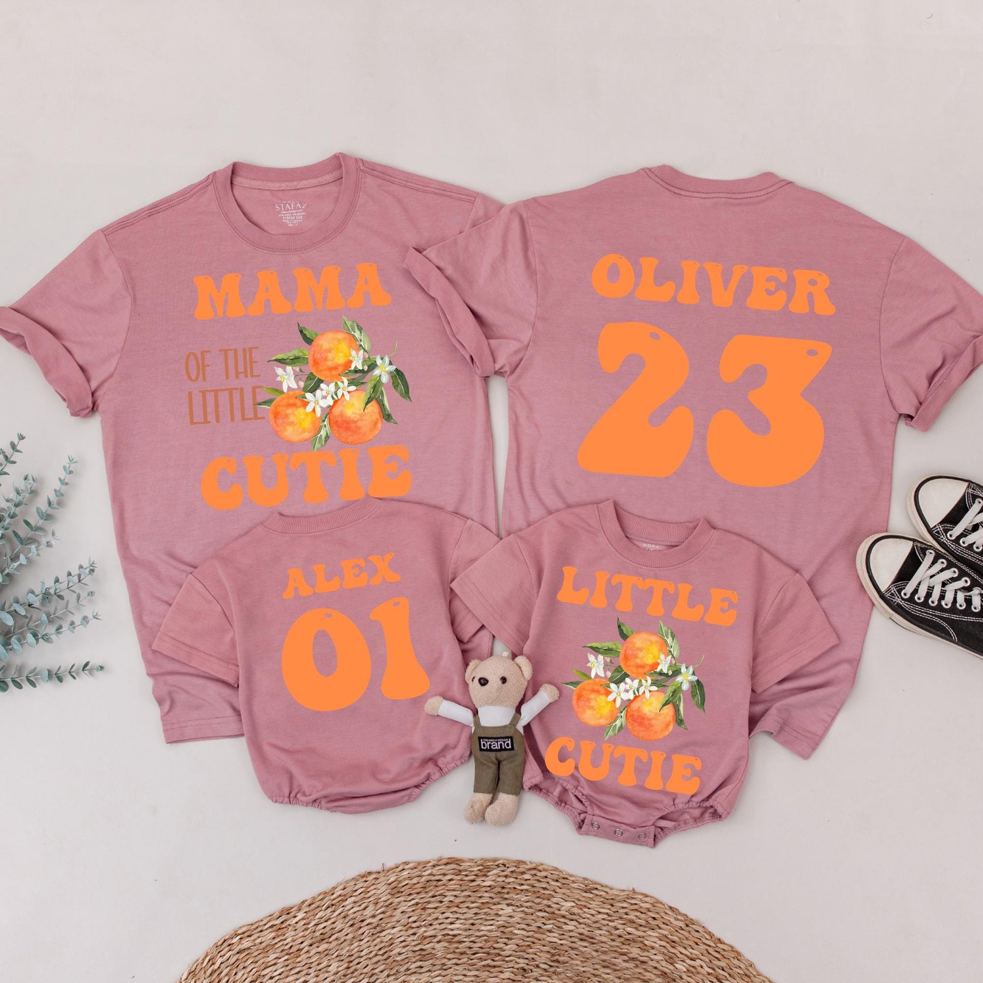 Little Cutie Orange Baby Outfit: Family Matching Shirts & Romper with Retro Floral Designs for Baby Shower & Newborn Gift - Cute & Personalized