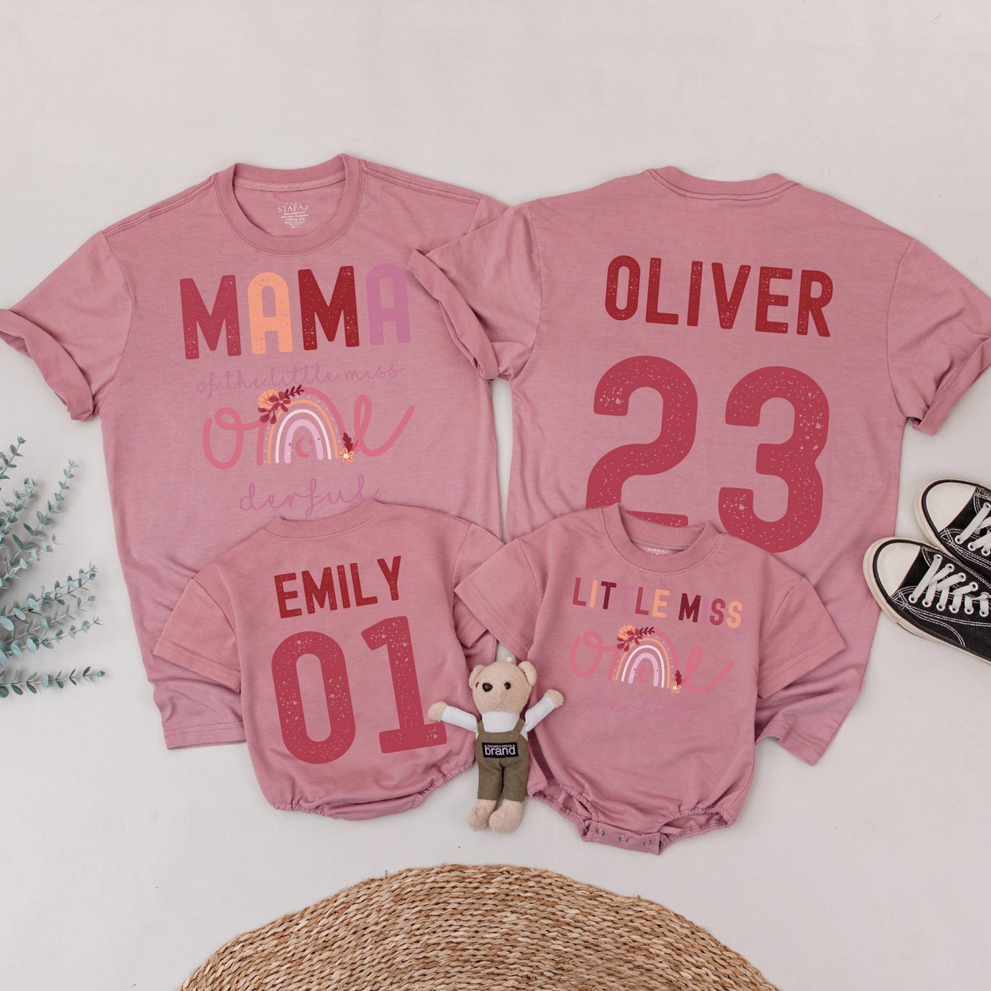 Onederful First Birthday Family Matching Shirts Boho Rainbow Little Miss One Birthday Outfit Mama Mom Daughter Celebration