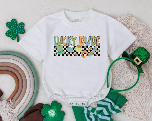 Lucky Dude St Patrick's Day Romper for Infant Baby Boys Girls, My First St Pattys Day Outfit Bodysuit, Irish Baby Gift with Clover Design