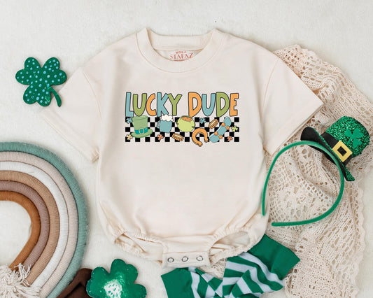 Lucky Dude St Patrick's Day Romper for Infant Baby Boys Girls, My First St Pattys Day Outfit Bodysuit, Irish Baby Gift with Clover Design