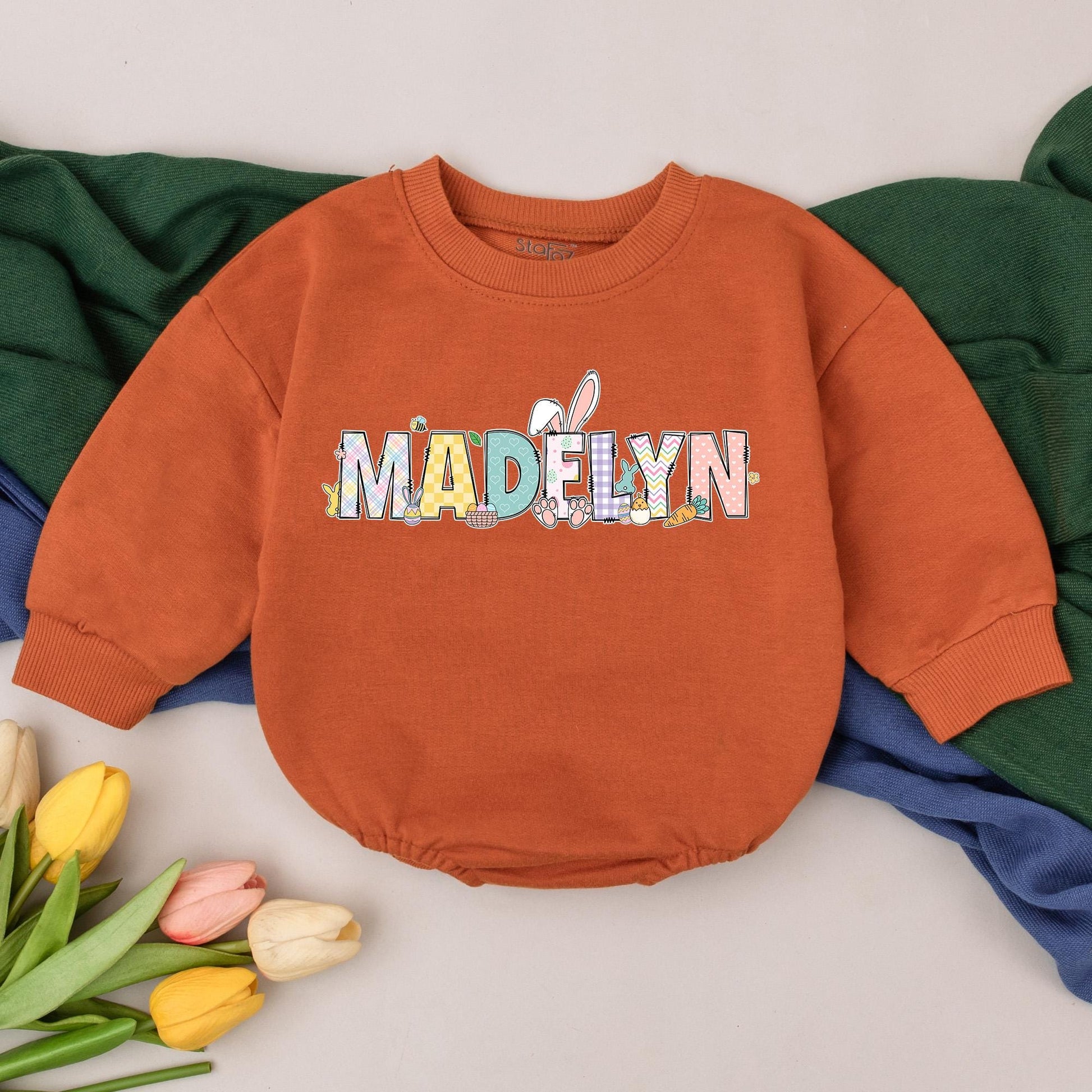 Personalized Easter Romper with Plaid Hearts & Bunny Graphics Cute Baby's 1st Easter Day Outfit Bubble Bodysuit Gift