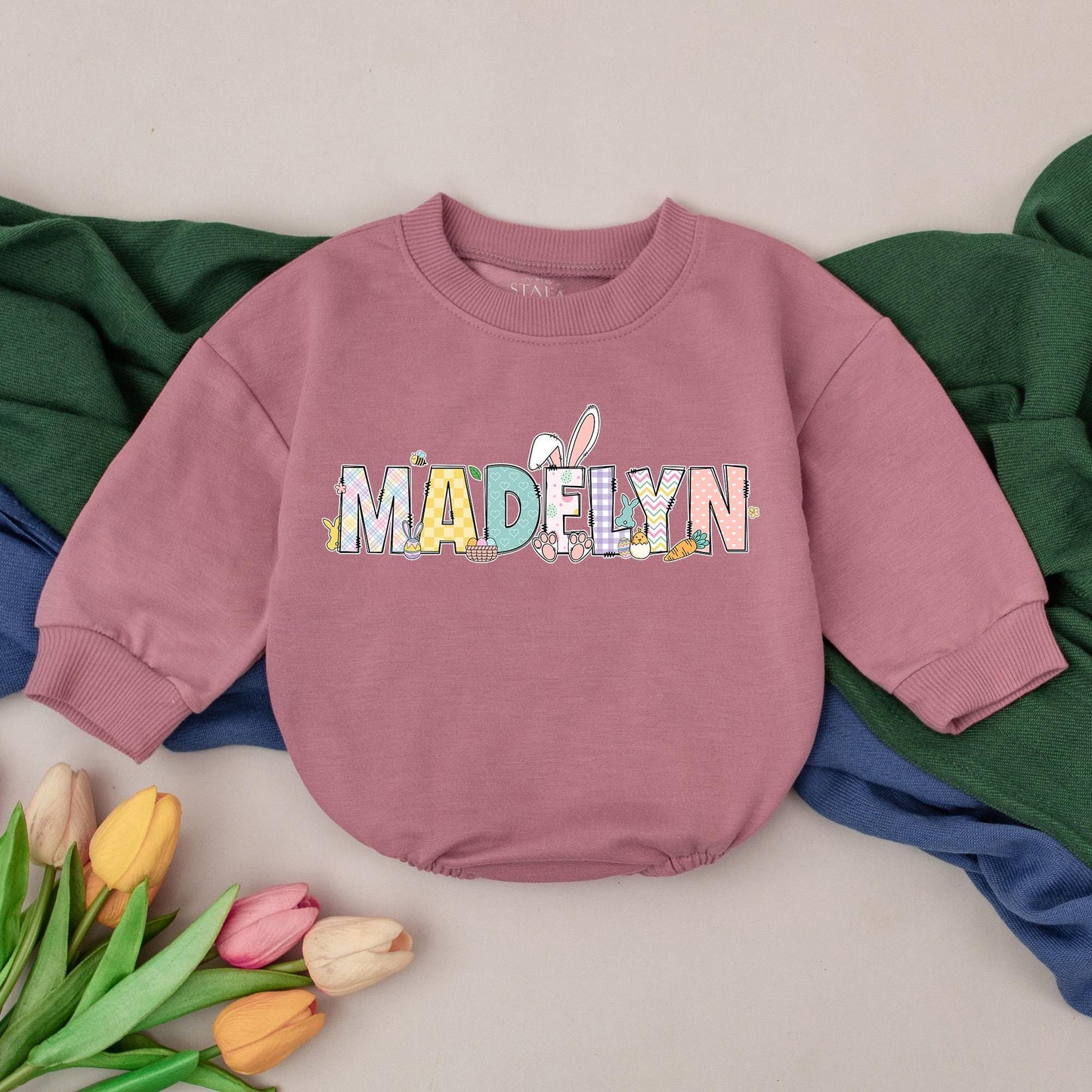 Personalized Easter Romper with Plaid Hearts & Bunny Graphics Cute Baby's 1st Easter Day Outfit Bubble Bodysuit Gift