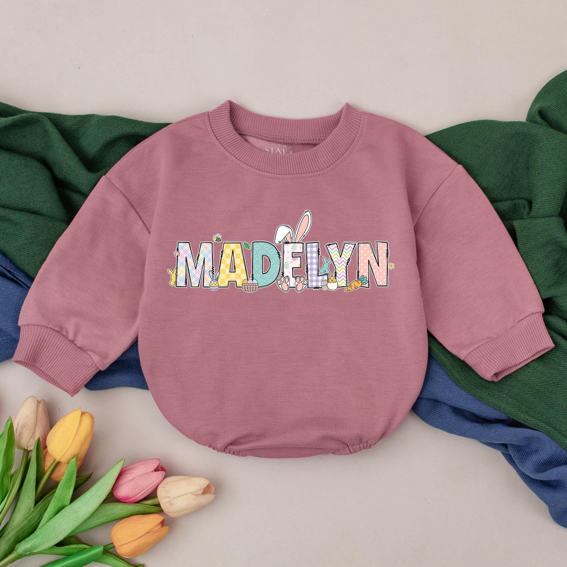 Personalized Easter Romper with Plaid Hearts & Bunny Graphics Cute Baby's 1st Easter Day Outfit Bubble Bodysuit Gift